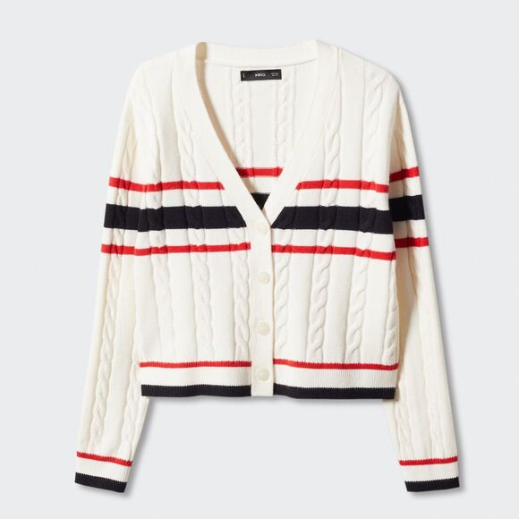 Mango MNG Striped Plait-Knitted Cardigan in Ecru | Size Small - Picture 2 of 7